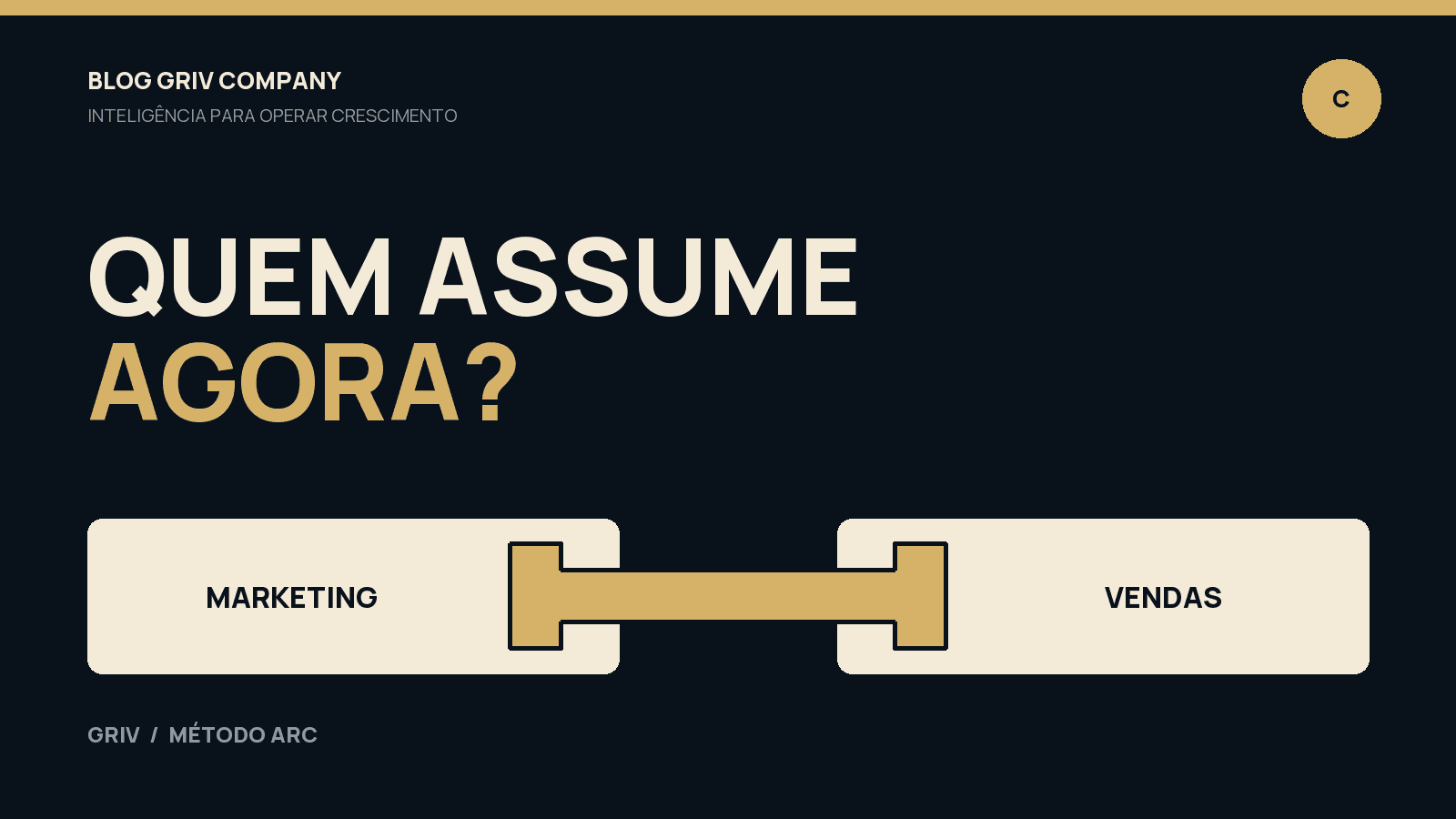 Dois segmentos ligados por uma ponte dourada representam a passagem de responsabilidade entre marketing e vendas; sinal ‘Quem assume agora?’